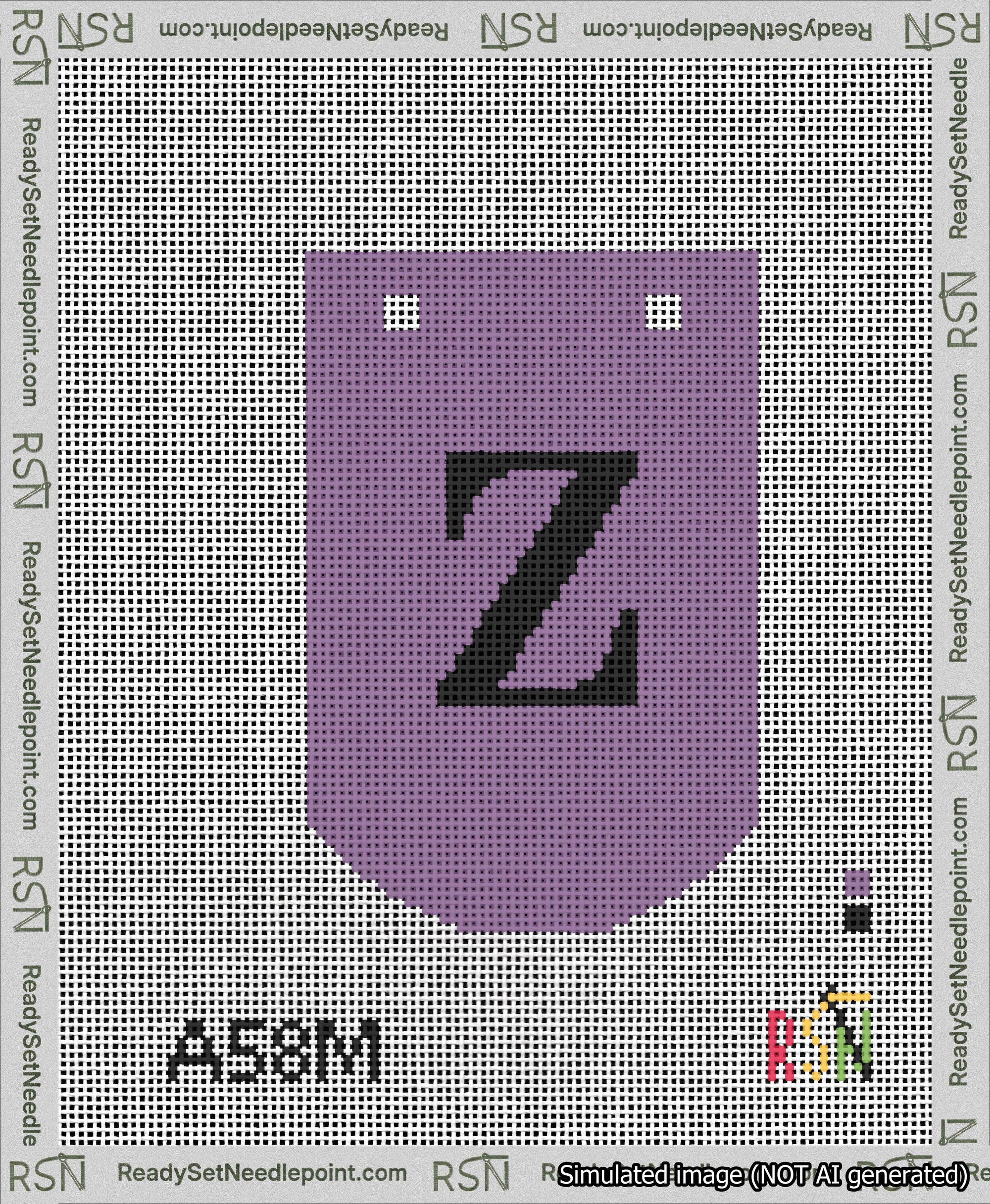 A taped needlepoint canvas with the design: Banner 13 mesh count Curved Z Black on Purple.