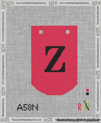 A taped needlepoint canvas with the design: Banner 13 mesh count Curved Z Black on Red.