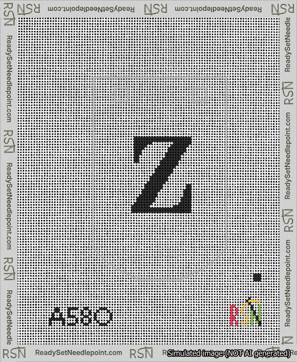 A taped needlepoint canvas with the design: Banner 13 mesh count Curved Z Black on White.