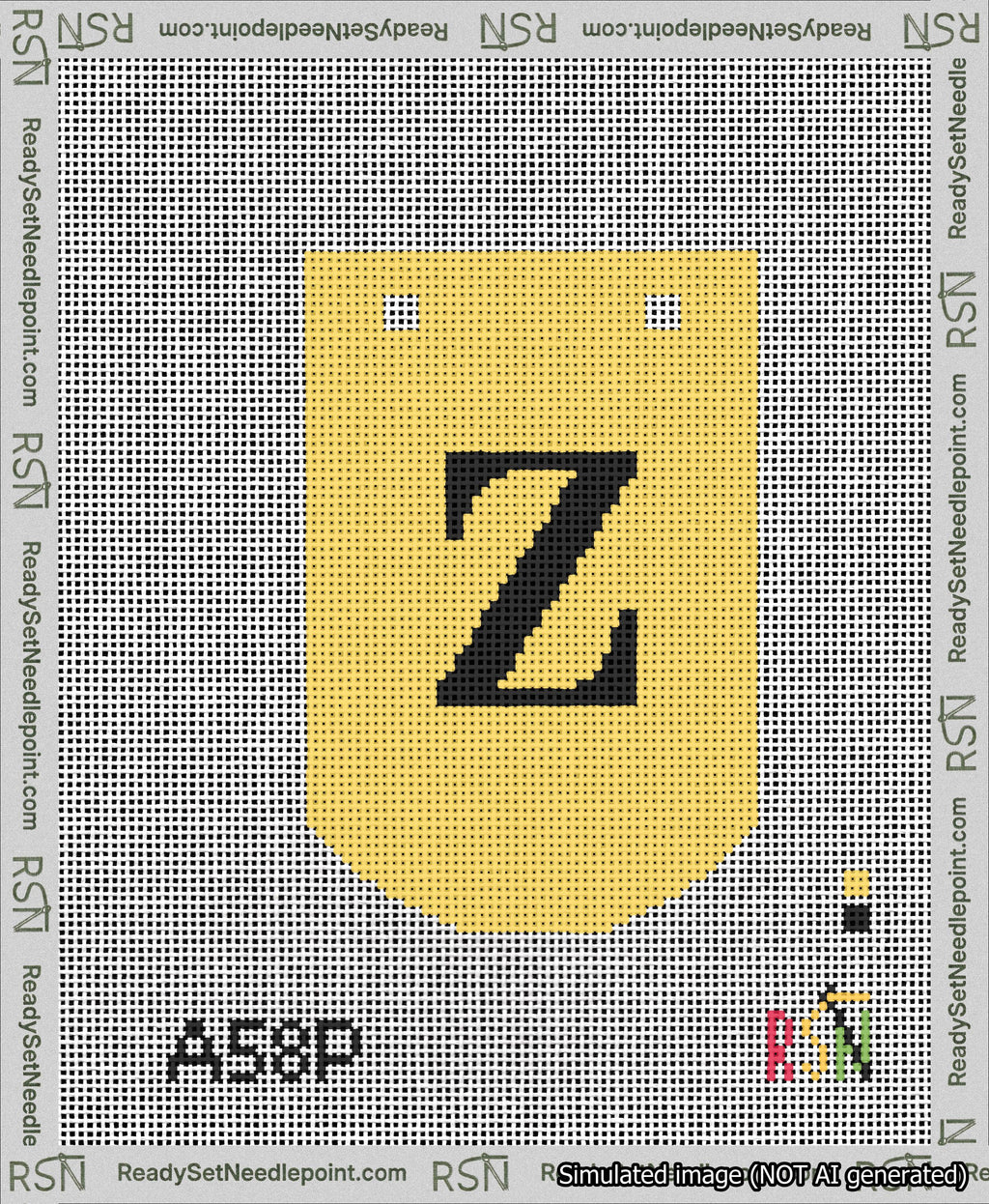 A taped needlepoint canvas with the design: Banner 13 mesh count Curved Z Black on Yellow.