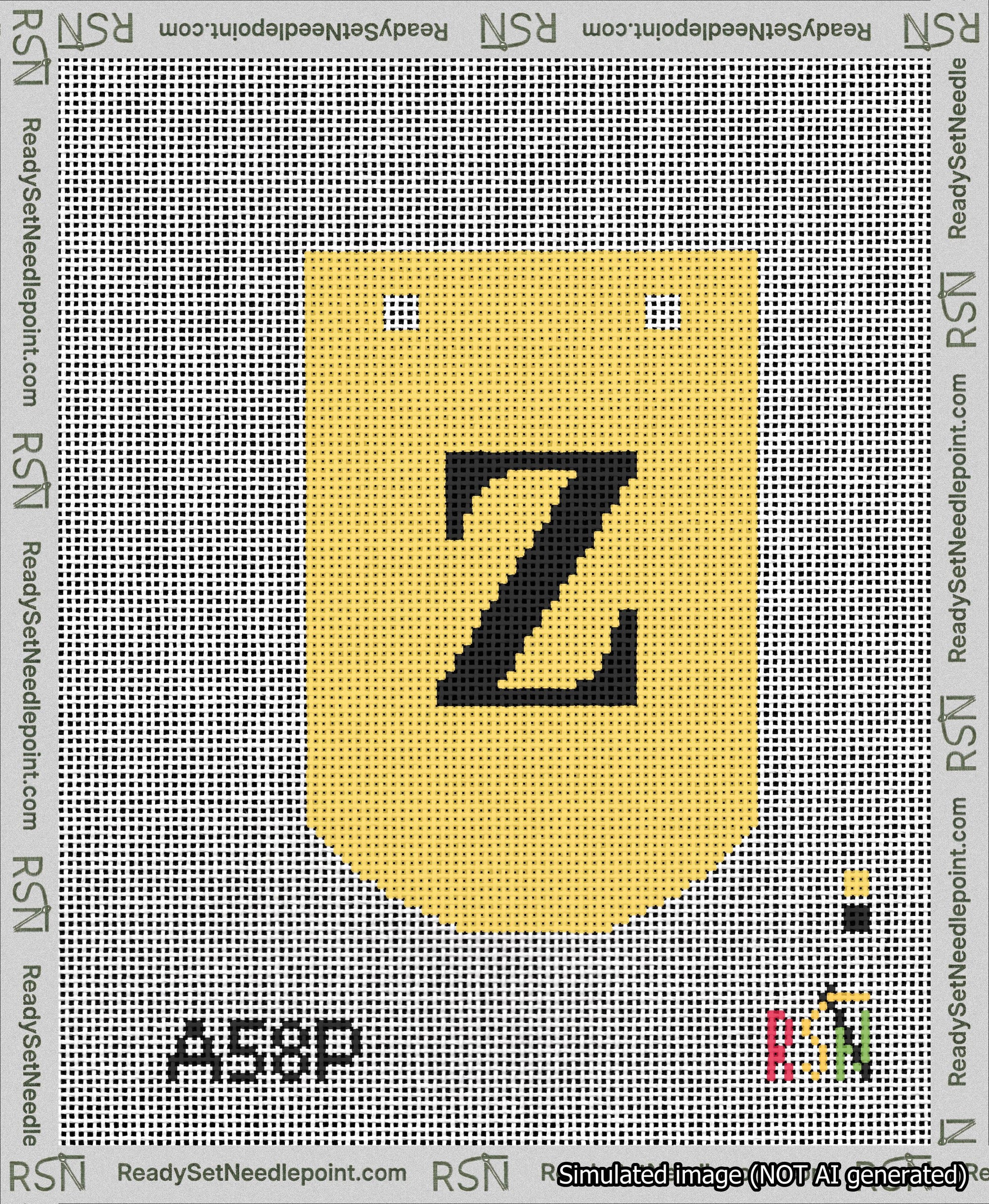 A taped needlepoint canvas with the design: Banner 13 mesh count Curved Z Black on Yellow.