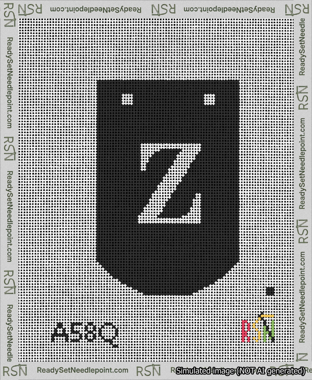 A taped needlepoint canvas with the design: Banner 13 mesh count Curved Z White on Black.