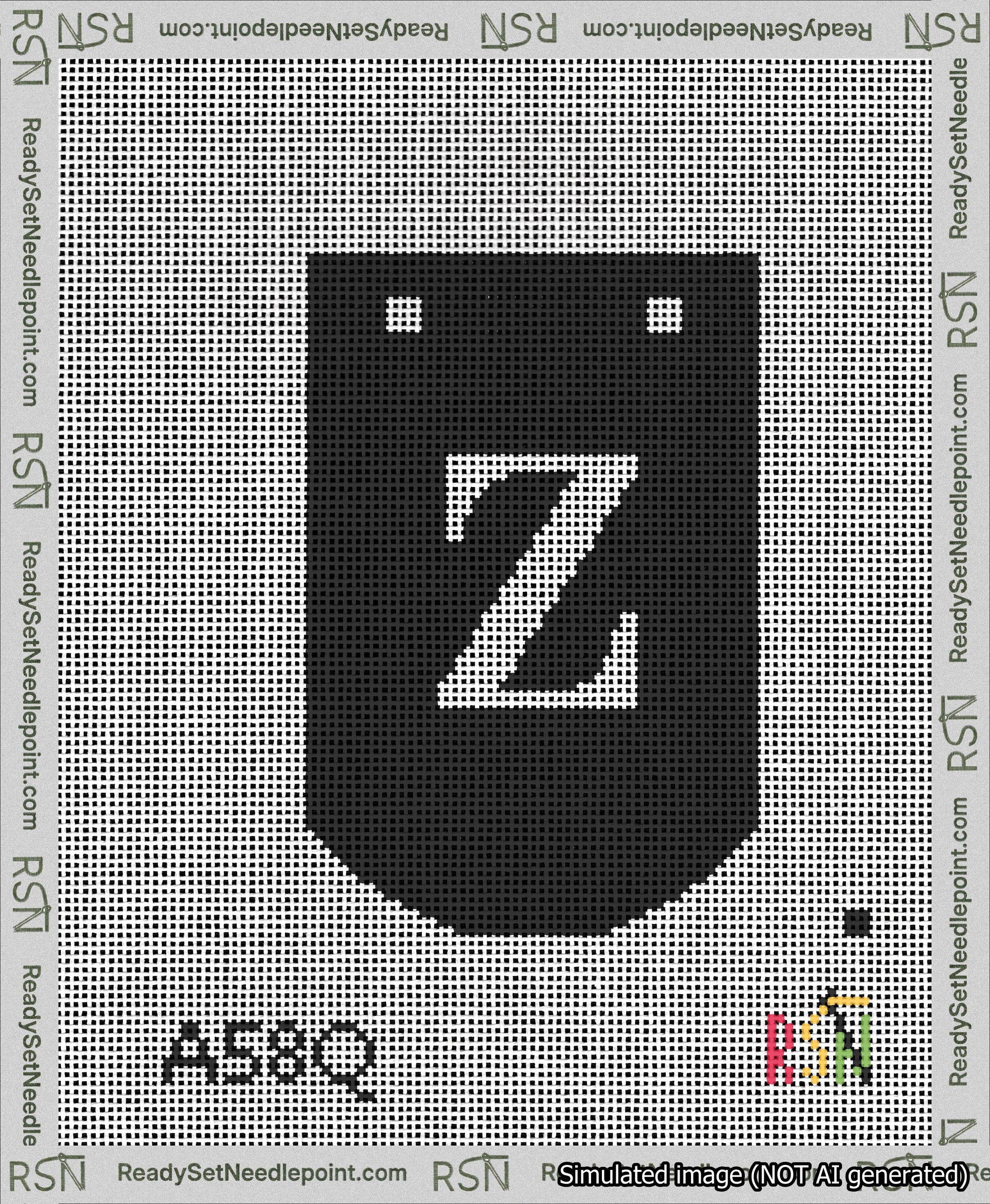 A taped needlepoint canvas with the design: Banner 13 mesh count Curved Z White on Black.