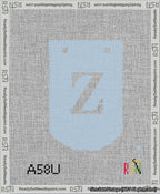 A taped needlepoint canvas with the design: Banner 13 mesh count Curved Z White on Light Blue.