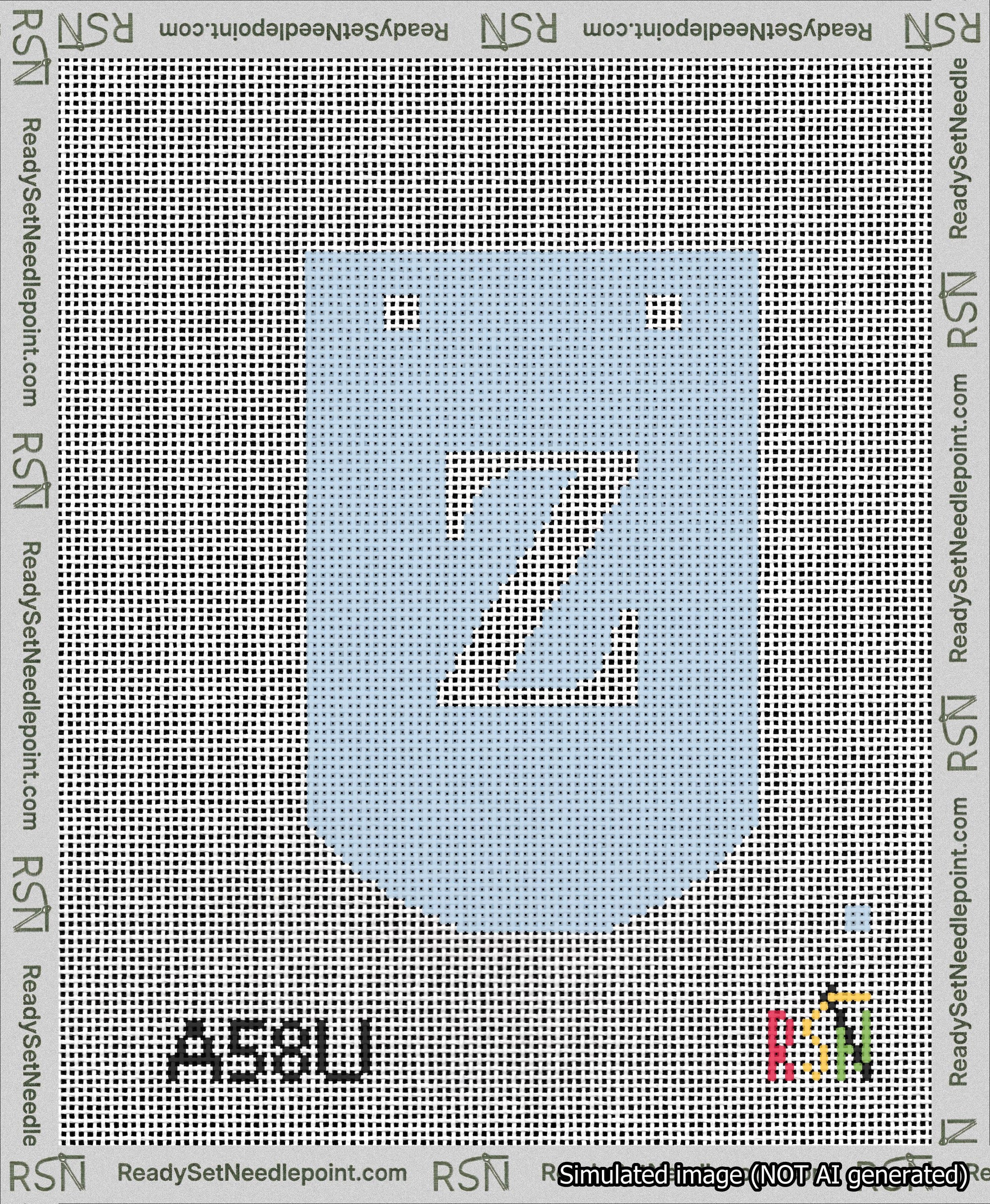 A taped needlepoint canvas with the design: Banner 13 mesh count Curved Z White on Light Blue.