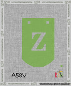 A taped needlepoint canvas with the design: Banner 13 mesh count Curved Z White on Light Green.
