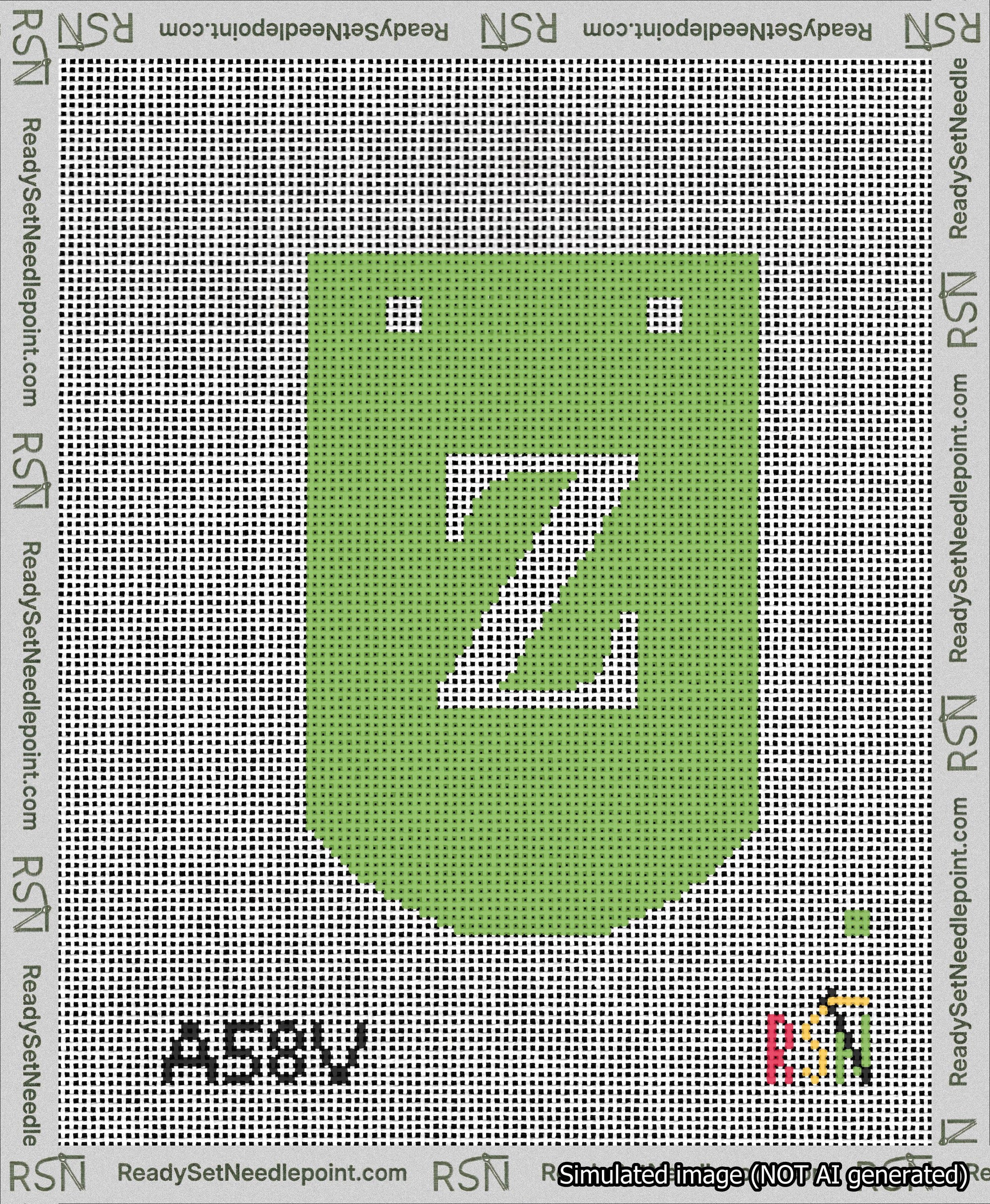A taped needlepoint canvas with the design: Banner 13 mesh count Curved Z White on Light Green.