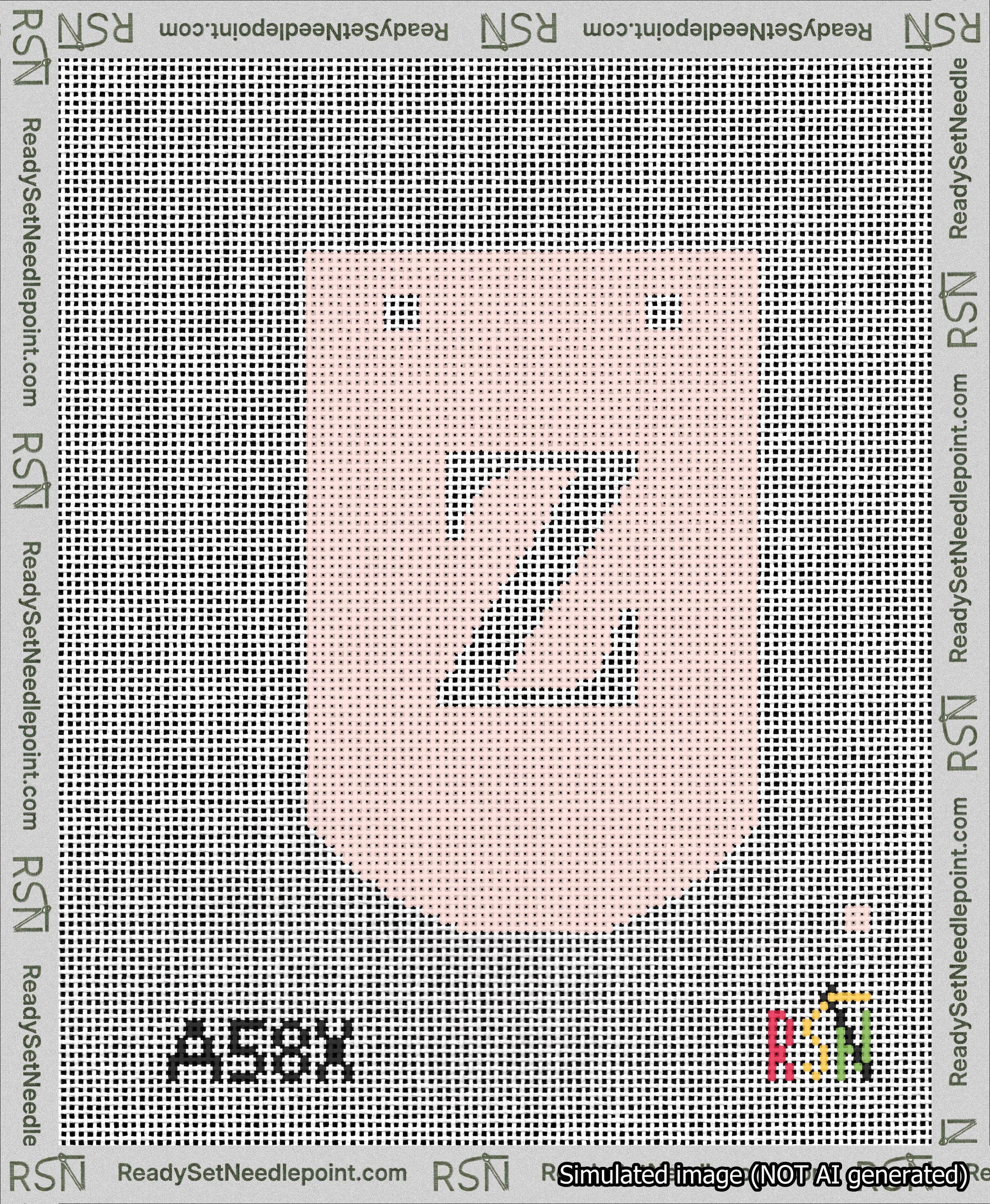 A taped needlepoint canvas with the design: Banner 13 mesh count Curved Z White on Pink.