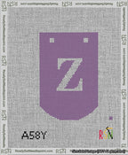 A taped needlepoint canvas with the design: Banner 13 mesh count Curved Z White on Purple.
