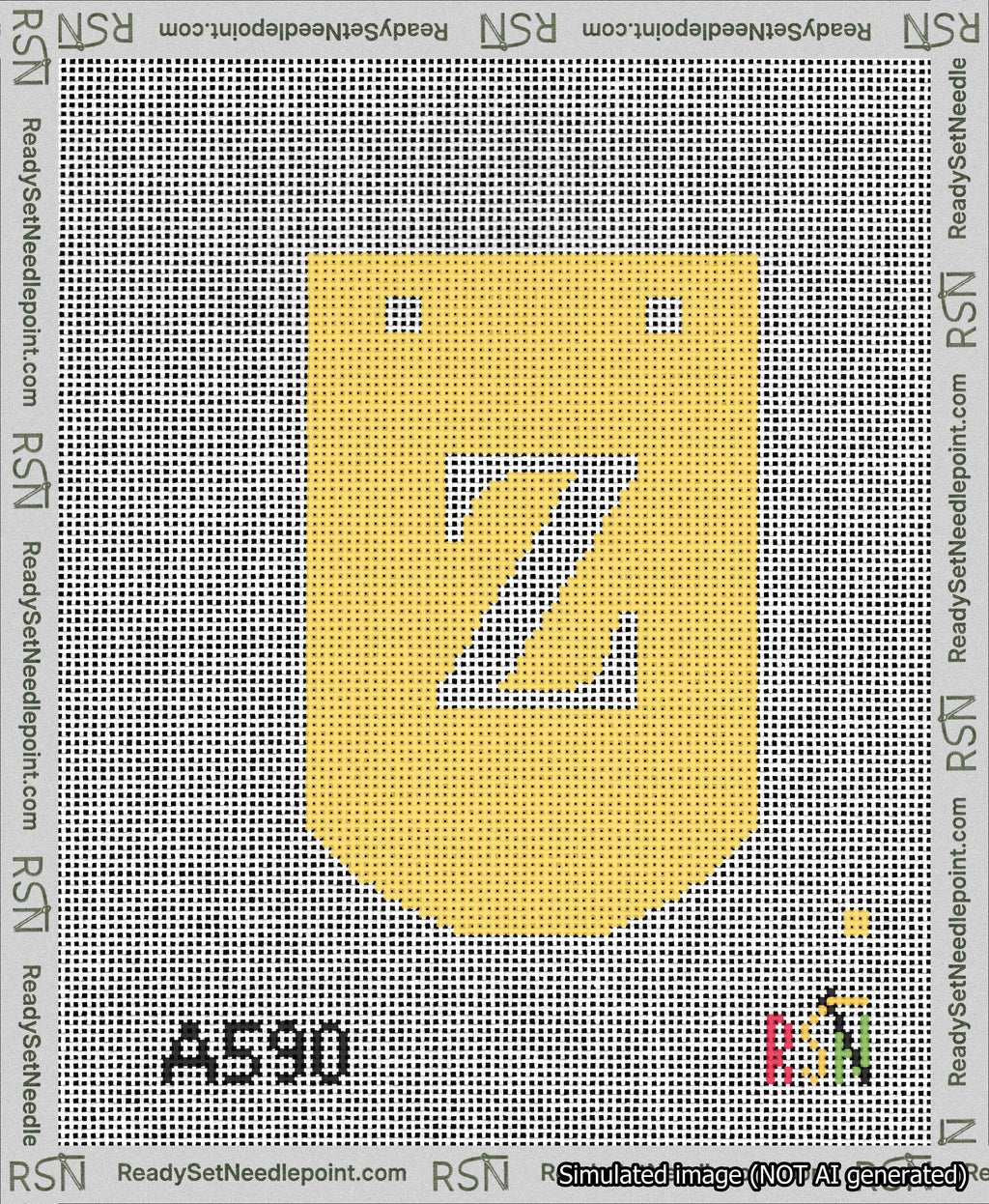 A taped needlepoint canvas with the design: Banner 13 mesh count Curved Z White on Yellow.