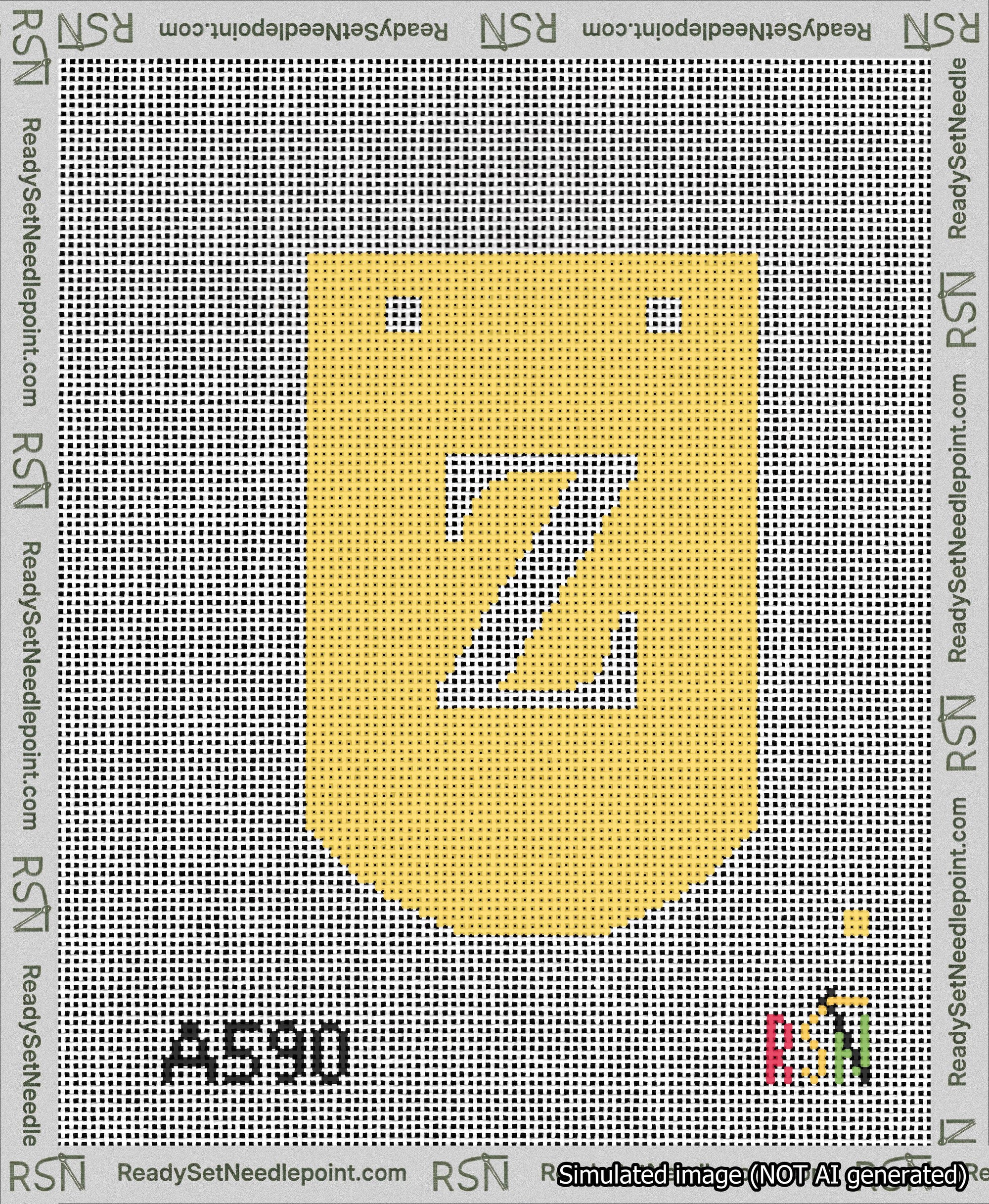 A taped needlepoint canvas with the design: Banner 13 mesh count Curved Z White on Yellow.