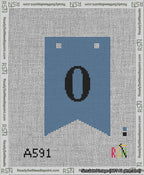 A taped needlepoint canvas with the design: Banner 13 mesh count Forked 0 Black on Blue.