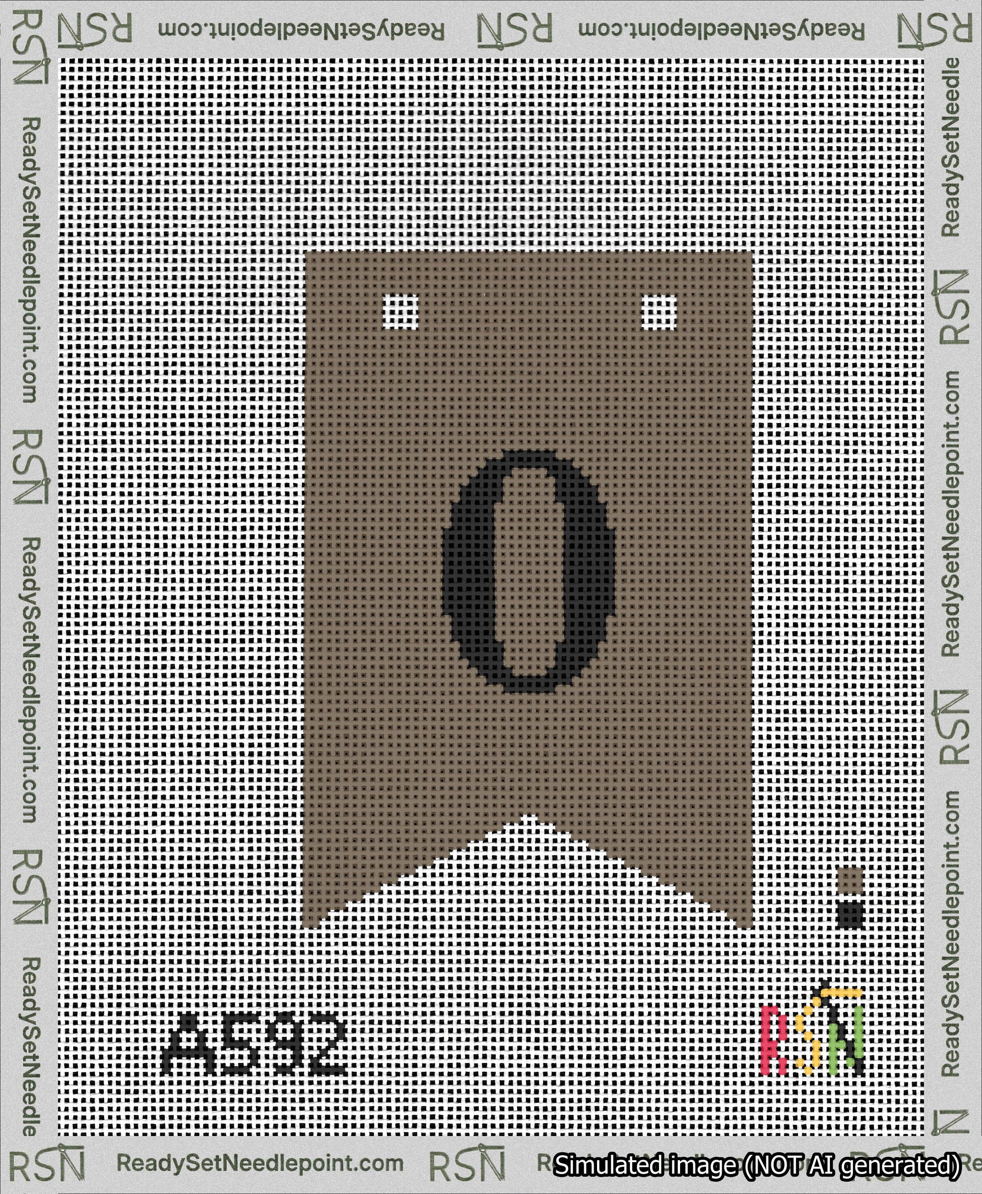A taped needlepoint canvas with the design: Banner 13 mesh count Forked 0 Black on Brown.