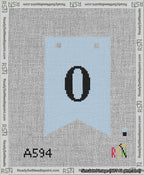 A taped needlepoint canvas with the design: Banner 13 mesh count Forked 0 Black on Light Blue.