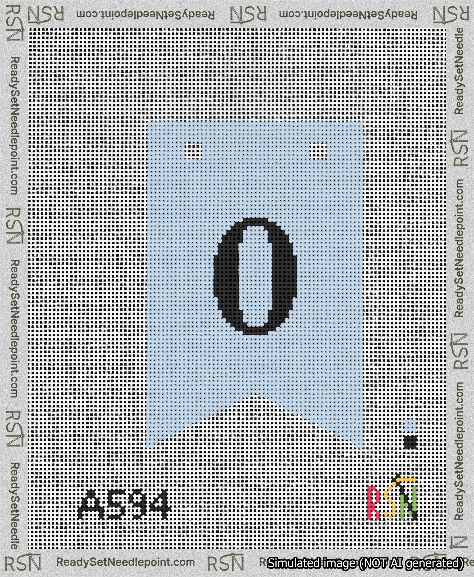 A taped needlepoint canvas with the design: Banner 13 mesh count Forked 0 Black on Light Blue.