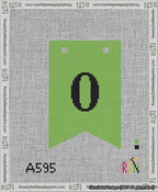 A taped needlepoint canvas with the design: Banner 13 mesh count Forked 0 Black on Light Green.