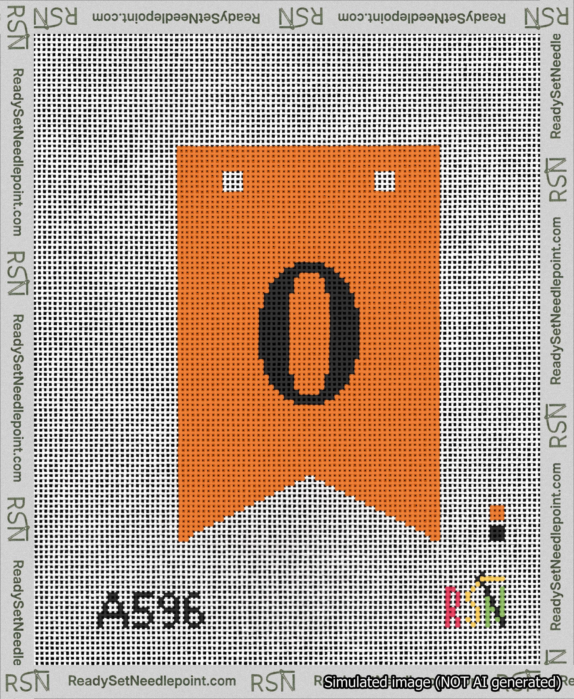 A taped needlepoint canvas with the design: Banner 13 mesh count Forked 0 Black on Orange.
