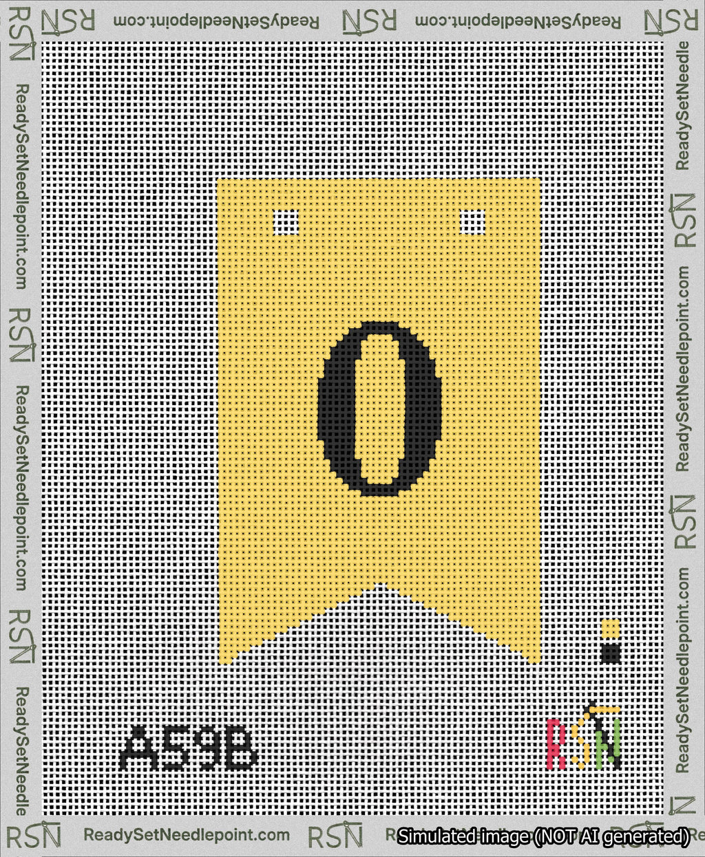 A taped needlepoint canvas with the design: Banner 13 mesh count Forked 0 Black on Yellow.