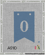 A taped needlepoint canvas with the design: Banner 13 mesh count Forked 0 White on Blue.