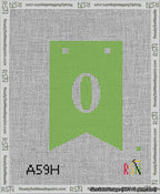 A taped needlepoint canvas with the design: Banner 13 mesh count Forked 0 White on Light Green.