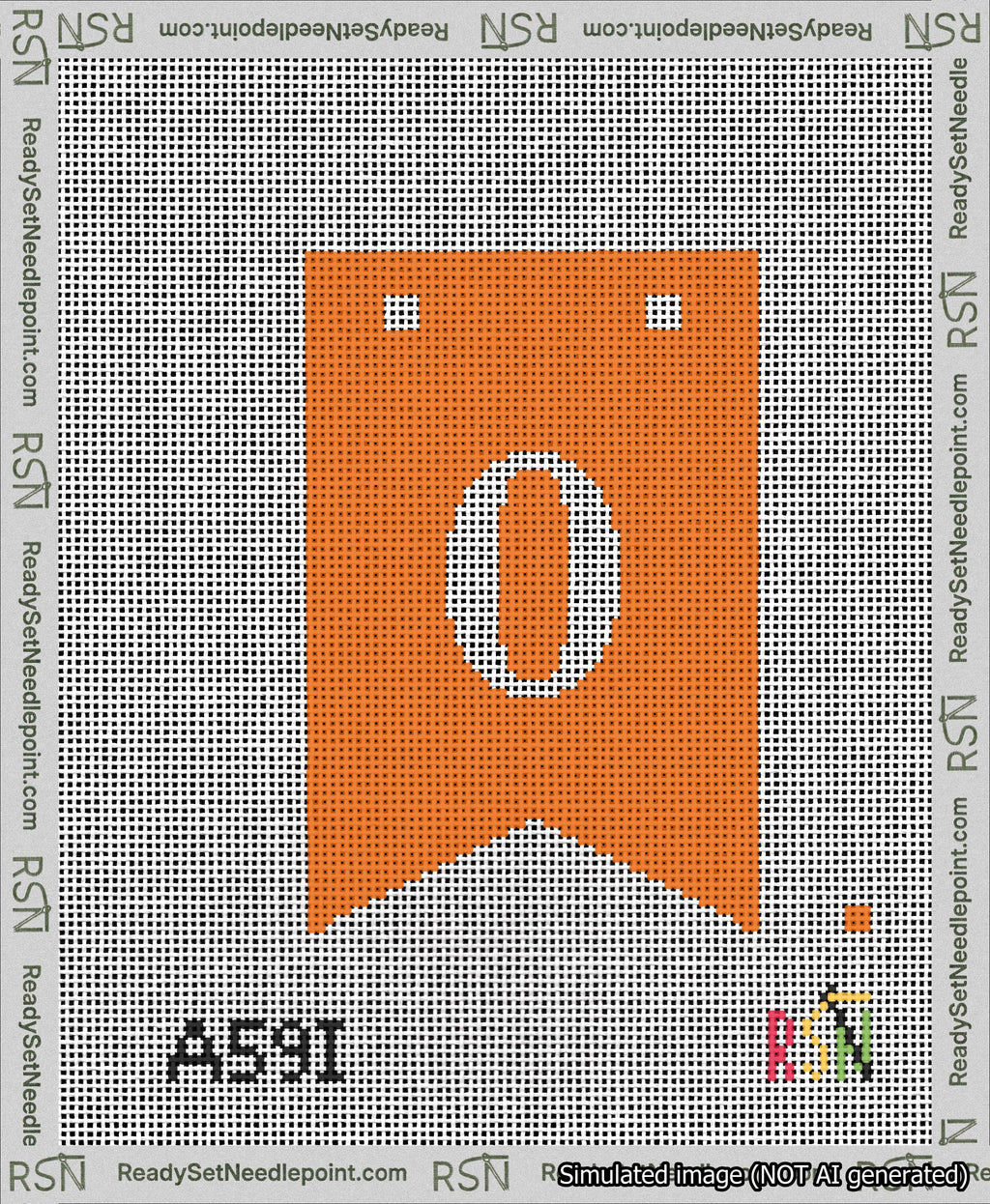 A taped needlepoint canvas with the design: Banner 13 mesh count Forked 0 White on Orange.