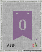A taped needlepoint canvas with the design: Banner 13 mesh count Forked 0 White on Purple.