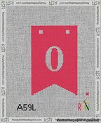 A taped needlepoint canvas with the design: Banner 13 mesh count Forked 0 White on Red.