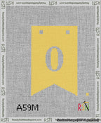 A taped needlepoint canvas with the design: Banner 13 mesh count Forked 0 White on Yellow.