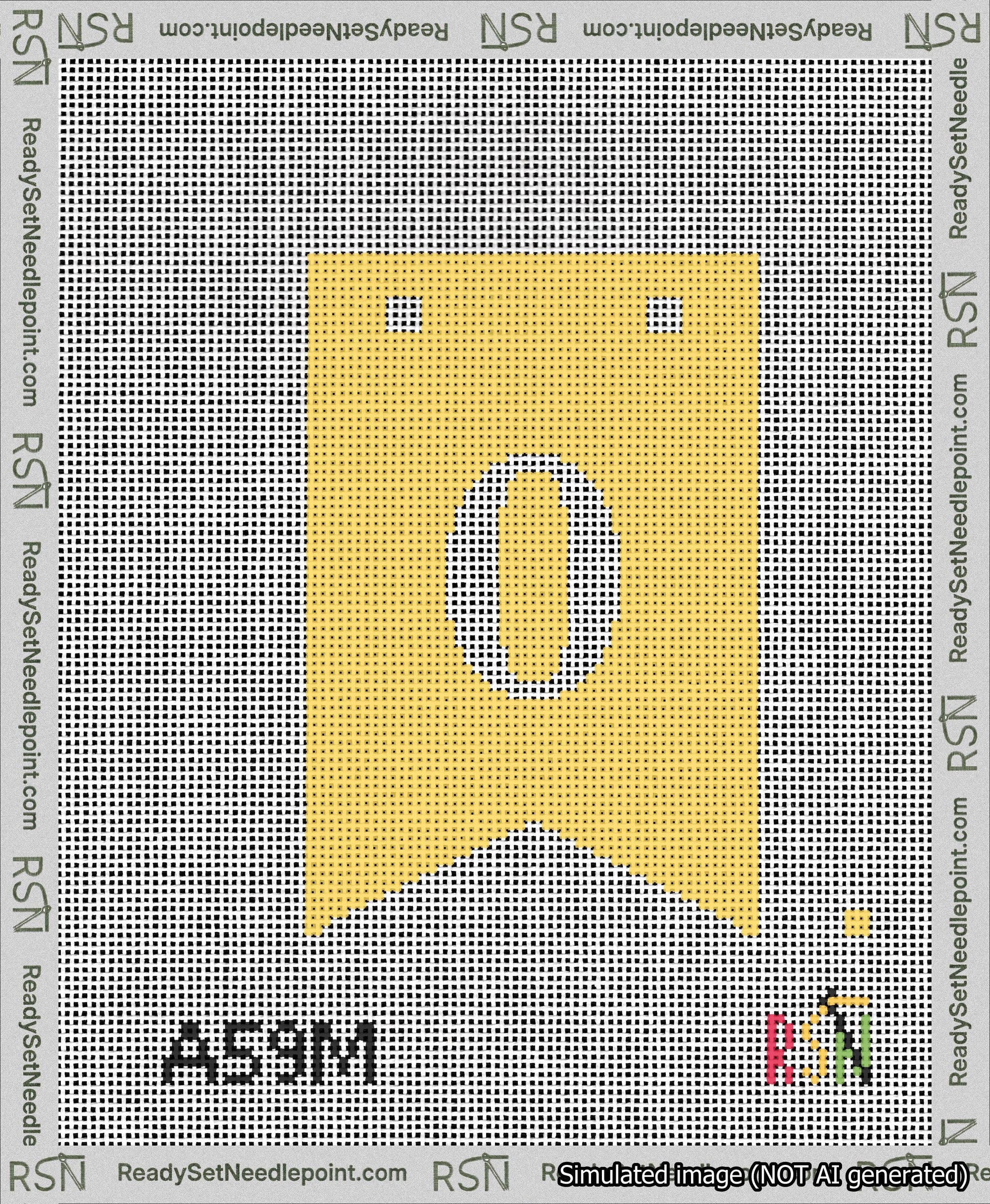 A taped needlepoint canvas with the design: Banner 13 mesh count Forked 0 White on Yellow.