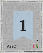 A taped needlepoint canvas with the design: Banner 13 mesh count Forked 1 Black on Light Blue.