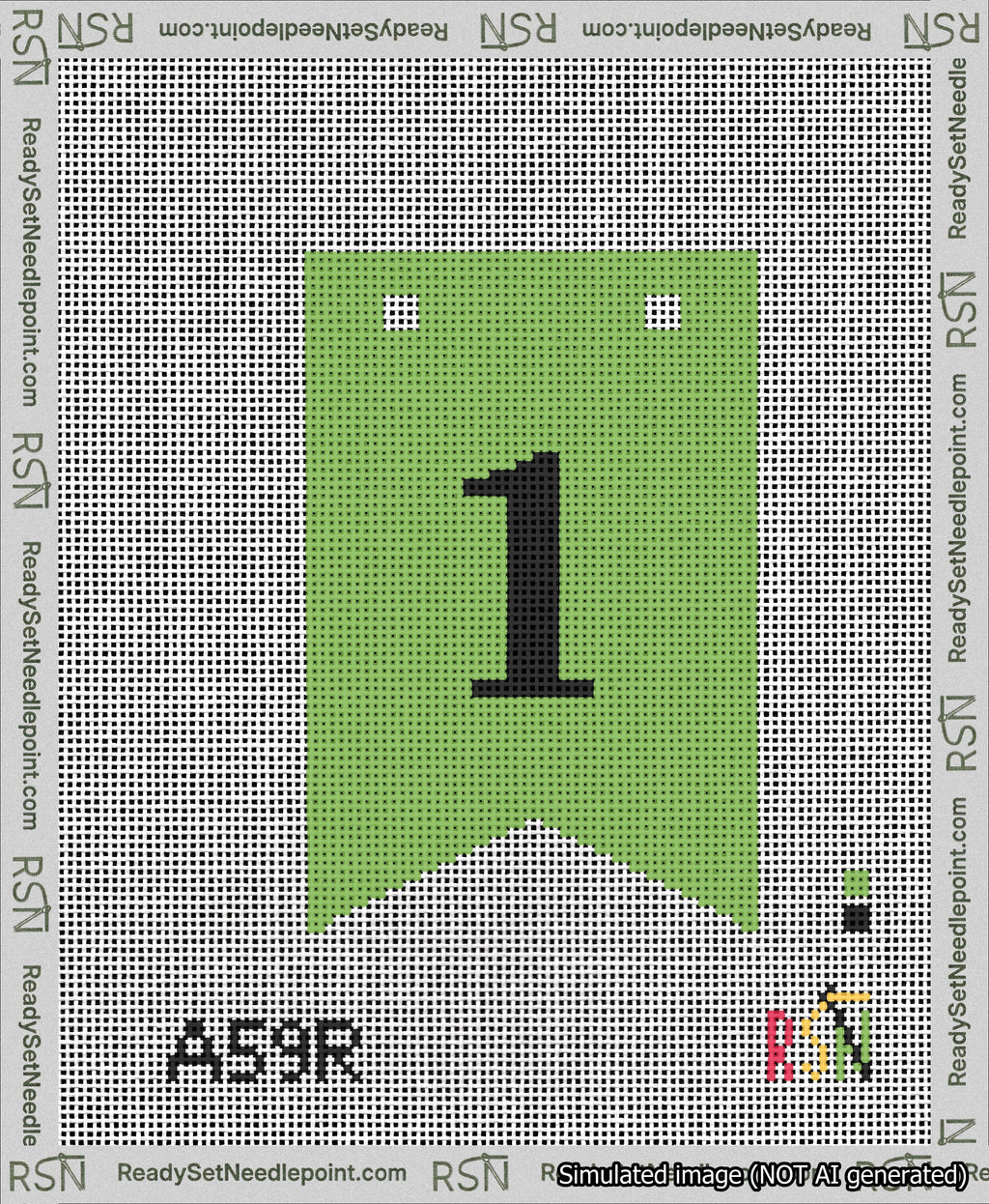 A taped needlepoint canvas with the design: Banner 13 mesh count Forked 1 Black on Light Green.