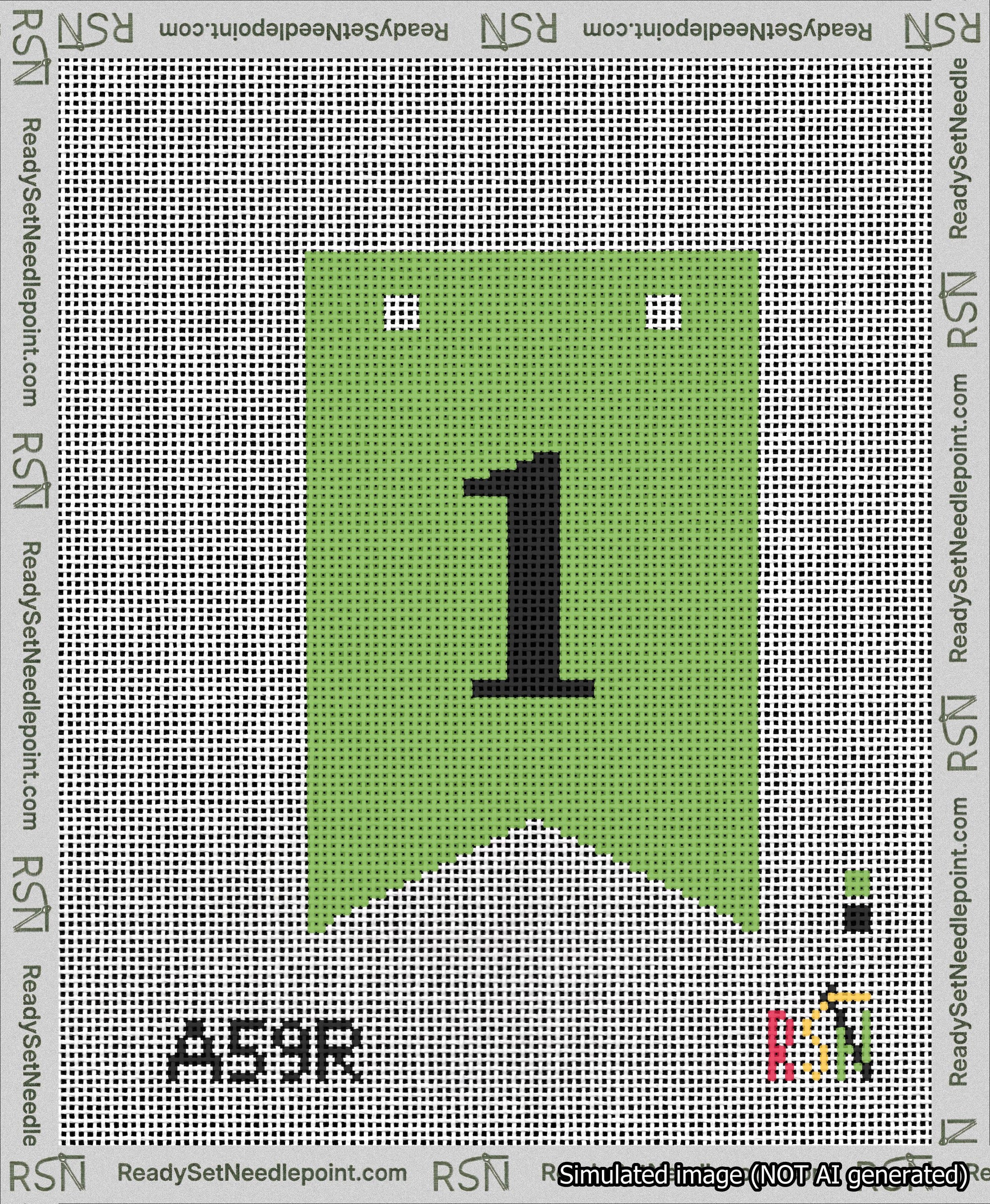 A taped needlepoint canvas with the design: Banner 13 mesh count Forked 1 Black on Light Green.