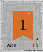 A taped needlepoint canvas with the design: Banner 13 mesh count Forked 1 Black on Orange.