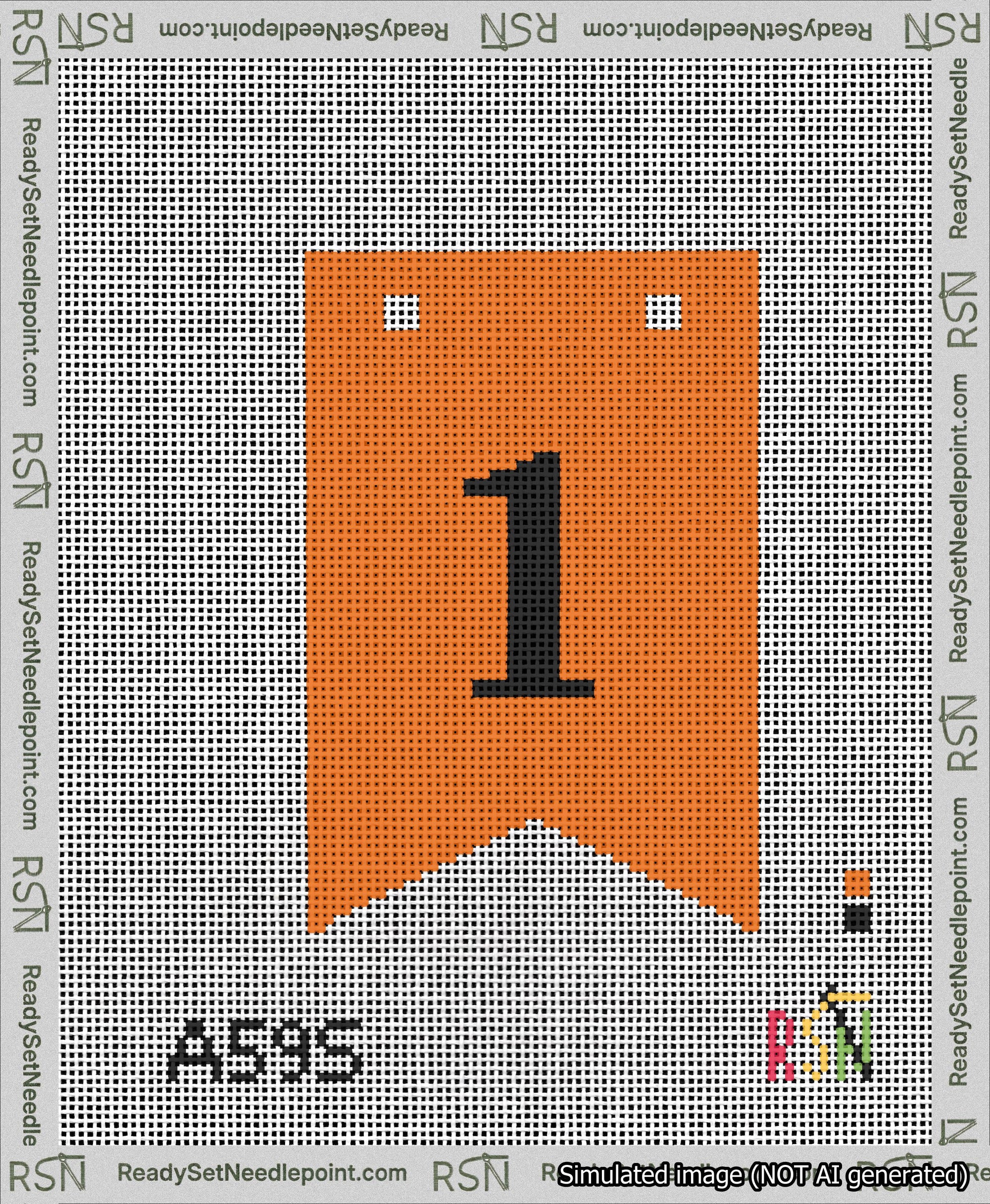 A taped needlepoint canvas with the design: Banner 13 mesh count Forked 1 Black on Orange.