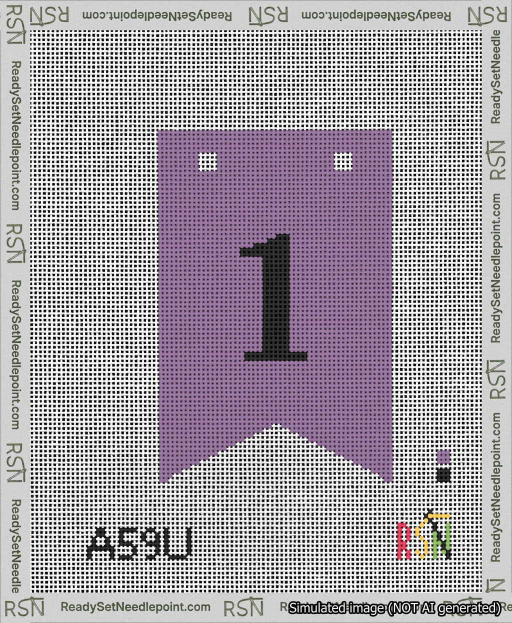 A taped needlepoint canvas with the design: Banner 13 mesh count Forked 1 Black on Purple.