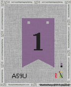 A taped needlepoint canvas with the design: Banner 13 mesh count Forked 1 Black on Purple.