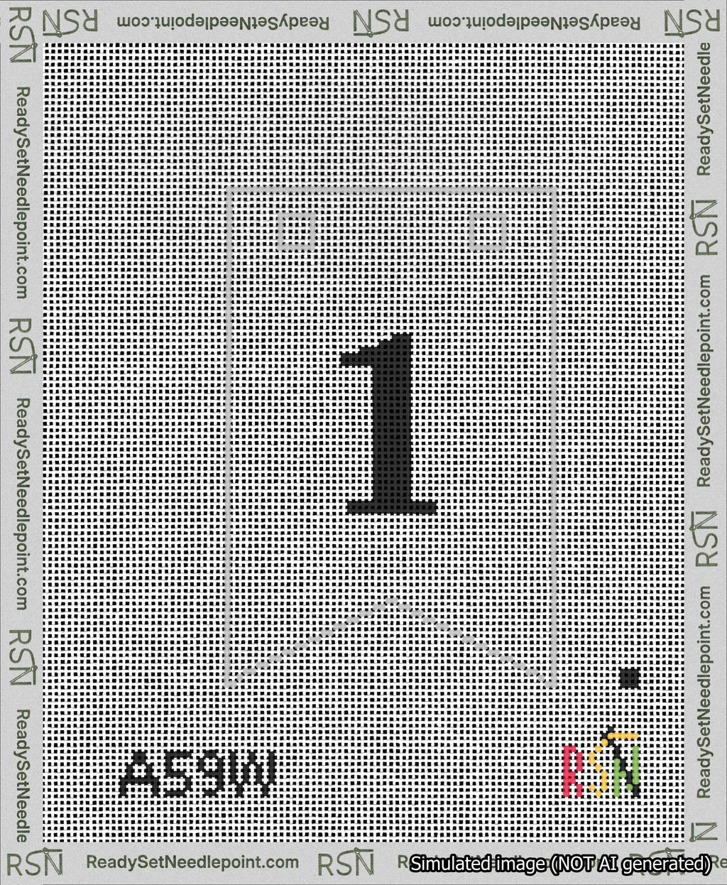 A taped needlepoint canvas with the design: Banner 13 mesh count Forked 1 Black on White.