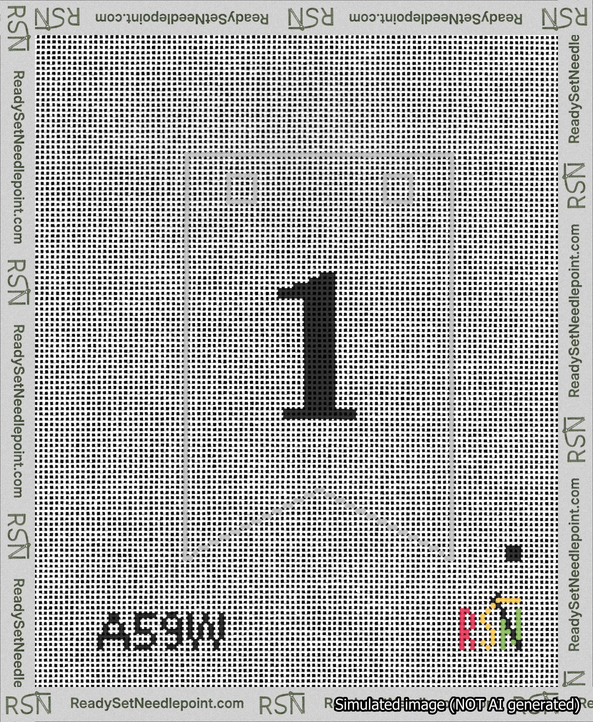 A taped needlepoint canvas with the design: Banner 13 mesh count Forked 1 Black on White.