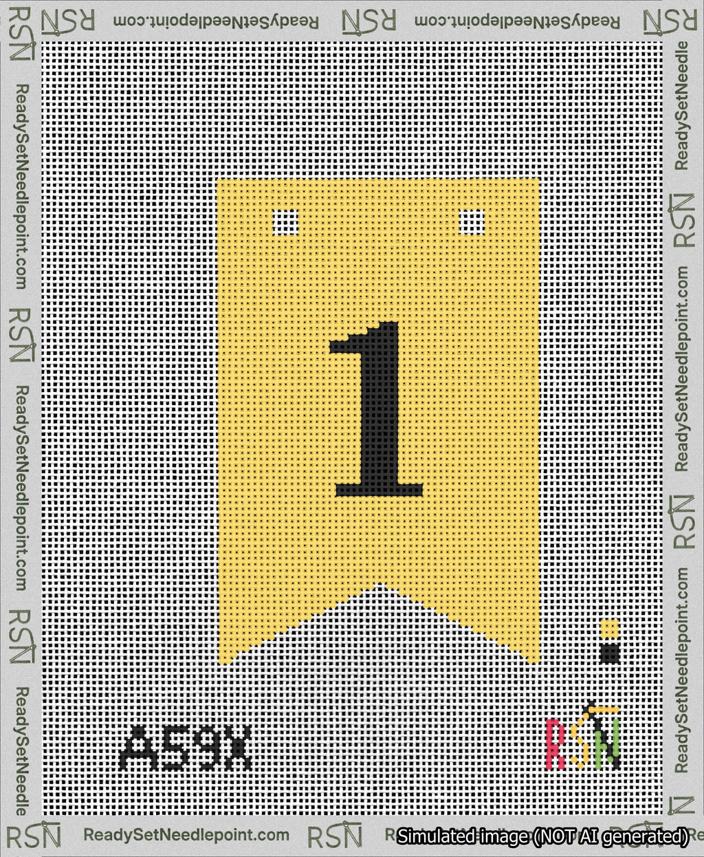 A taped needlepoint canvas with the design: Banner 13 mesh count Forked 1 Black on Yellow.