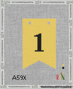 A taped needlepoint canvas with the design: Banner 13 mesh count Forked 1 Black on Yellow.