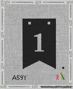 A taped needlepoint canvas with the design: Banner 13 mesh count Forked 1 White on Black.