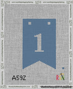 A taped needlepoint canvas with the design: Banner 13 mesh count Forked 1 White on Blue.