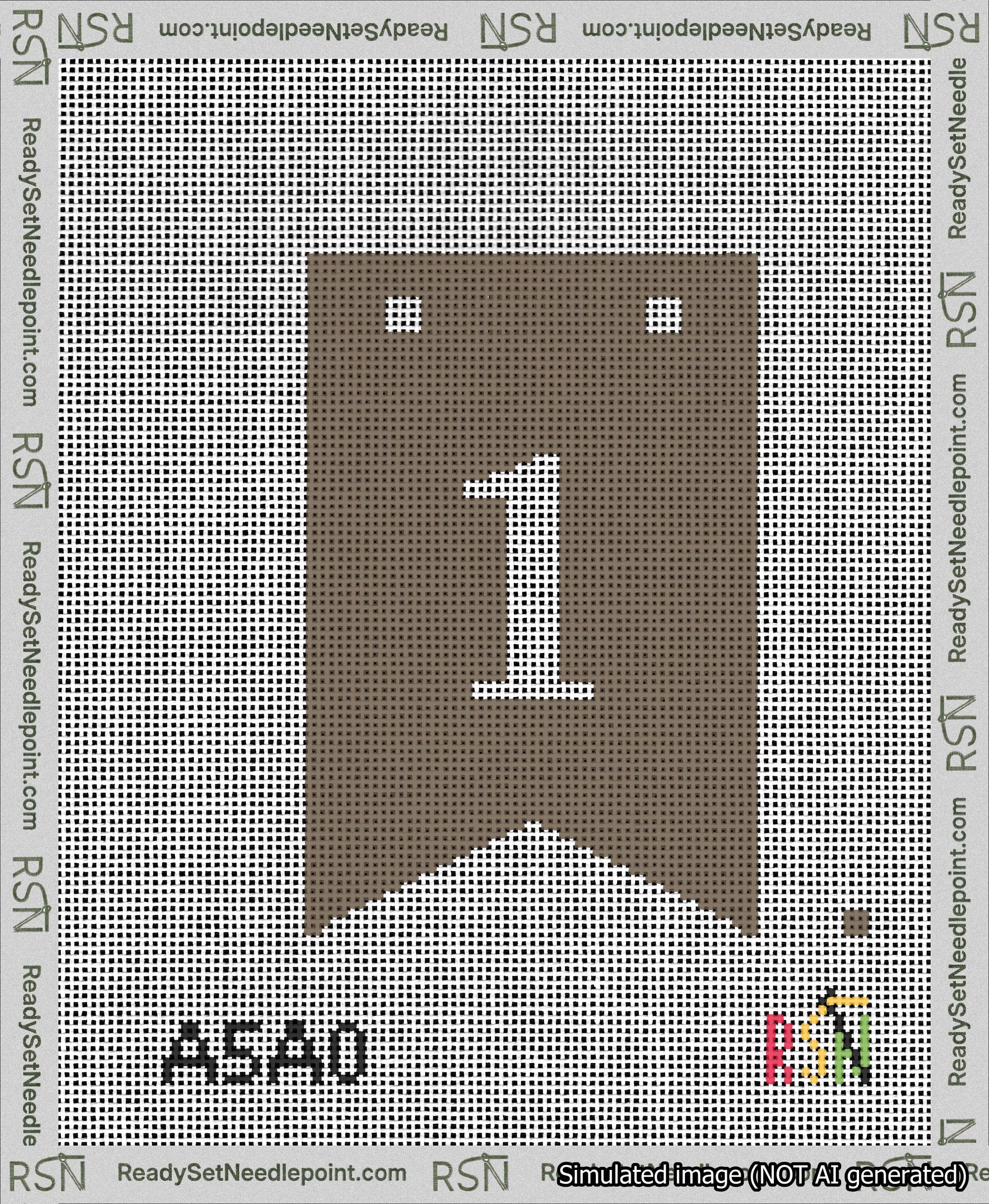 A taped needlepoint canvas with the design: Banner 13 mesh count Forked 1 White on Brown.
