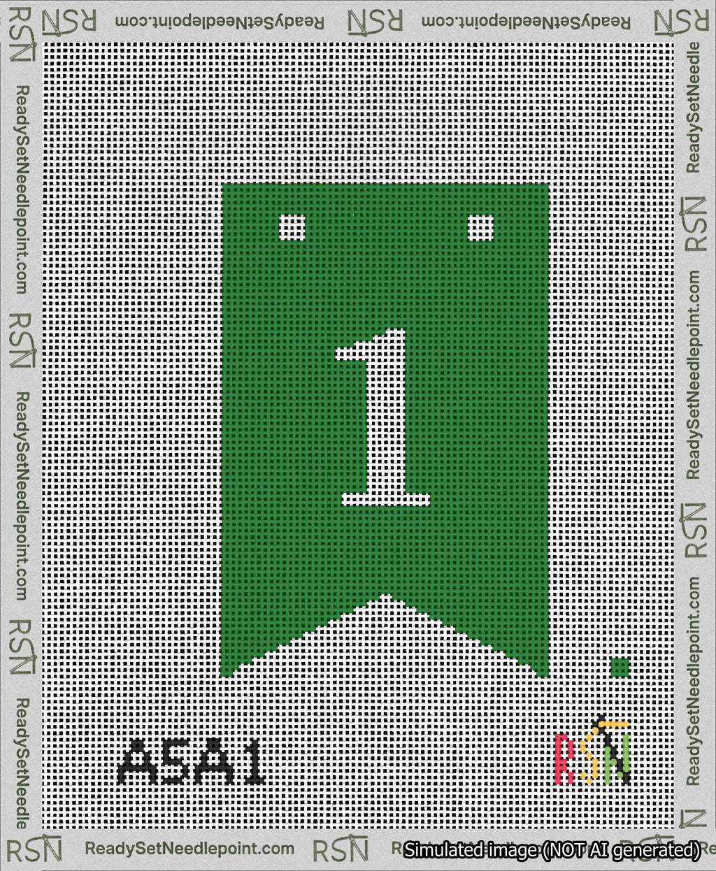 A taped needlepoint canvas with the design: Banner 13 mesh count Forked 1 White on Green.