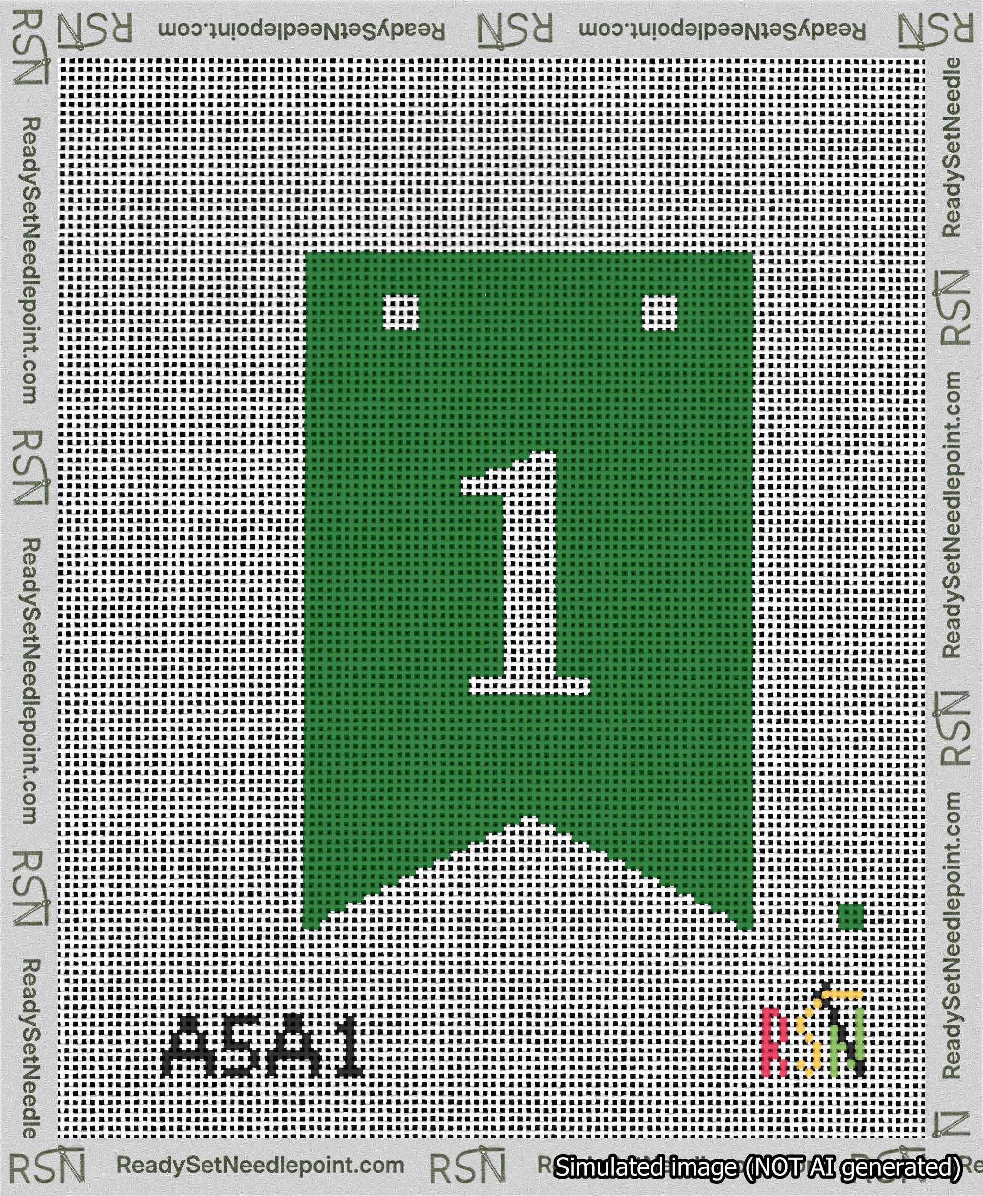 A taped needlepoint canvas with the design: Banner 13 mesh count Forked 1 White on Green.