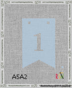 A taped needlepoint canvas with the design: Banner 13 mesh count Forked 1 White on Light Blue.