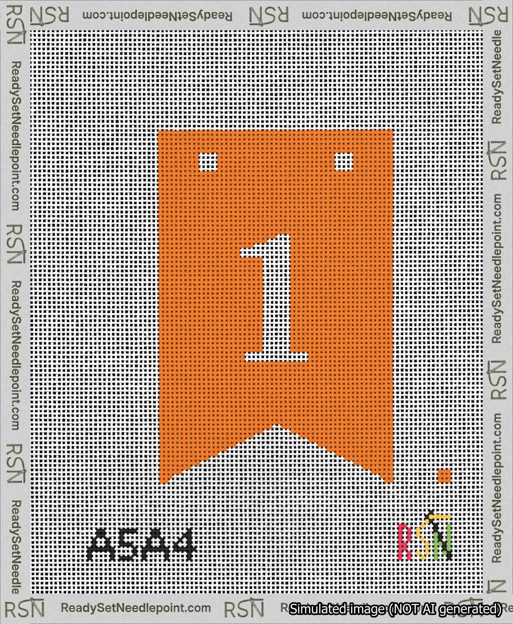 A taped needlepoint canvas with the design: Banner 13 mesh count Forked 1 White on Orange.
