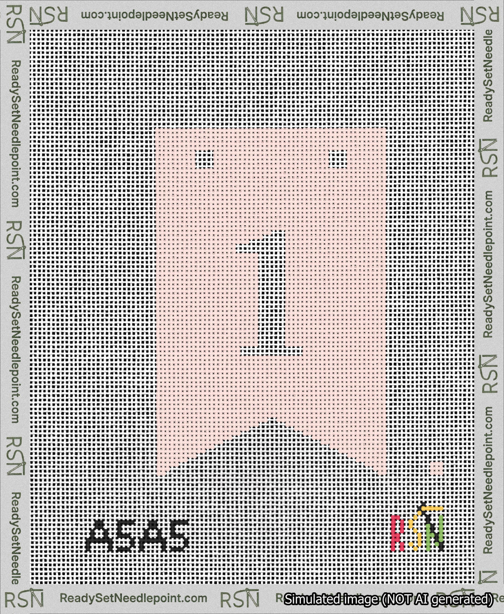 A taped needlepoint canvas with the design: Banner 13 mesh count Forked 1 White on Pink.