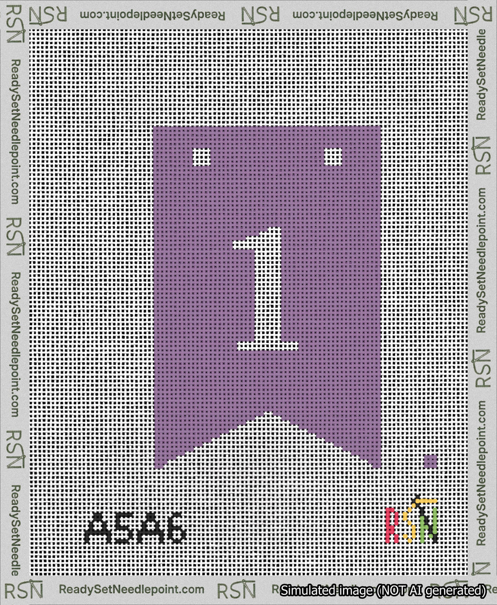 A taped needlepoint canvas with the design: Banner 13 mesh count Forked 1 White on Purple.