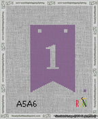 A taped needlepoint canvas with the design: Banner 13 mesh count Forked 1 White on Purple.